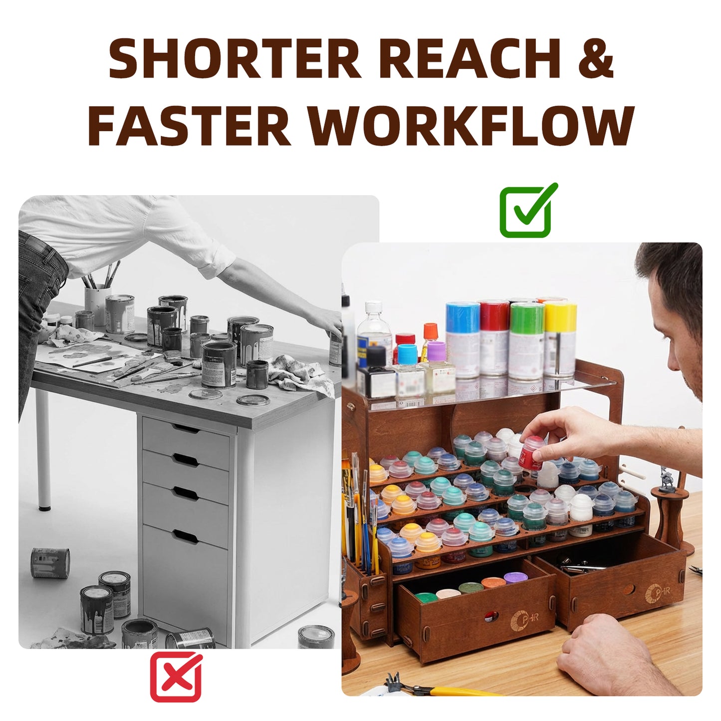 Professional Paint Organizer for Citadel GW Paints, Wooden Paint Holder for 60 Bottles and 32 Brushes, 2 Miniature Painting Handles, 2 Drawers for Model Paints Bottle