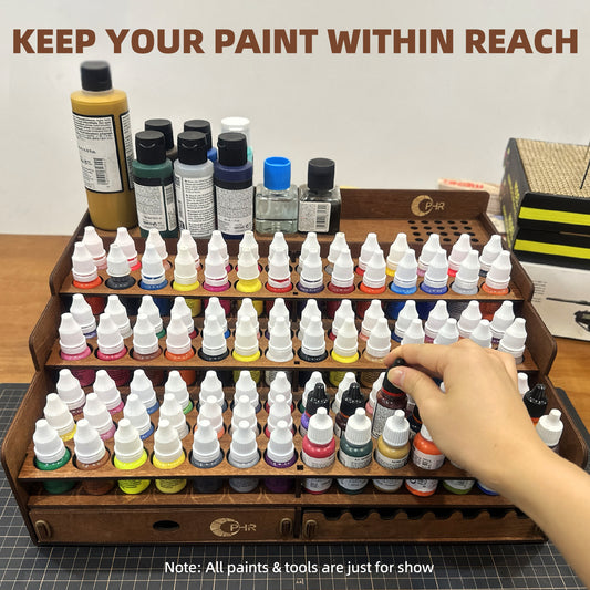 Wooden Paint Storage Organizer with 98 Holes Dia.1.02 Inches for AV Paint Miniature Paints Set, Includes Painting Brush Holder with 24 Slots, 1 Drawer, 25 Paintbrush Holes