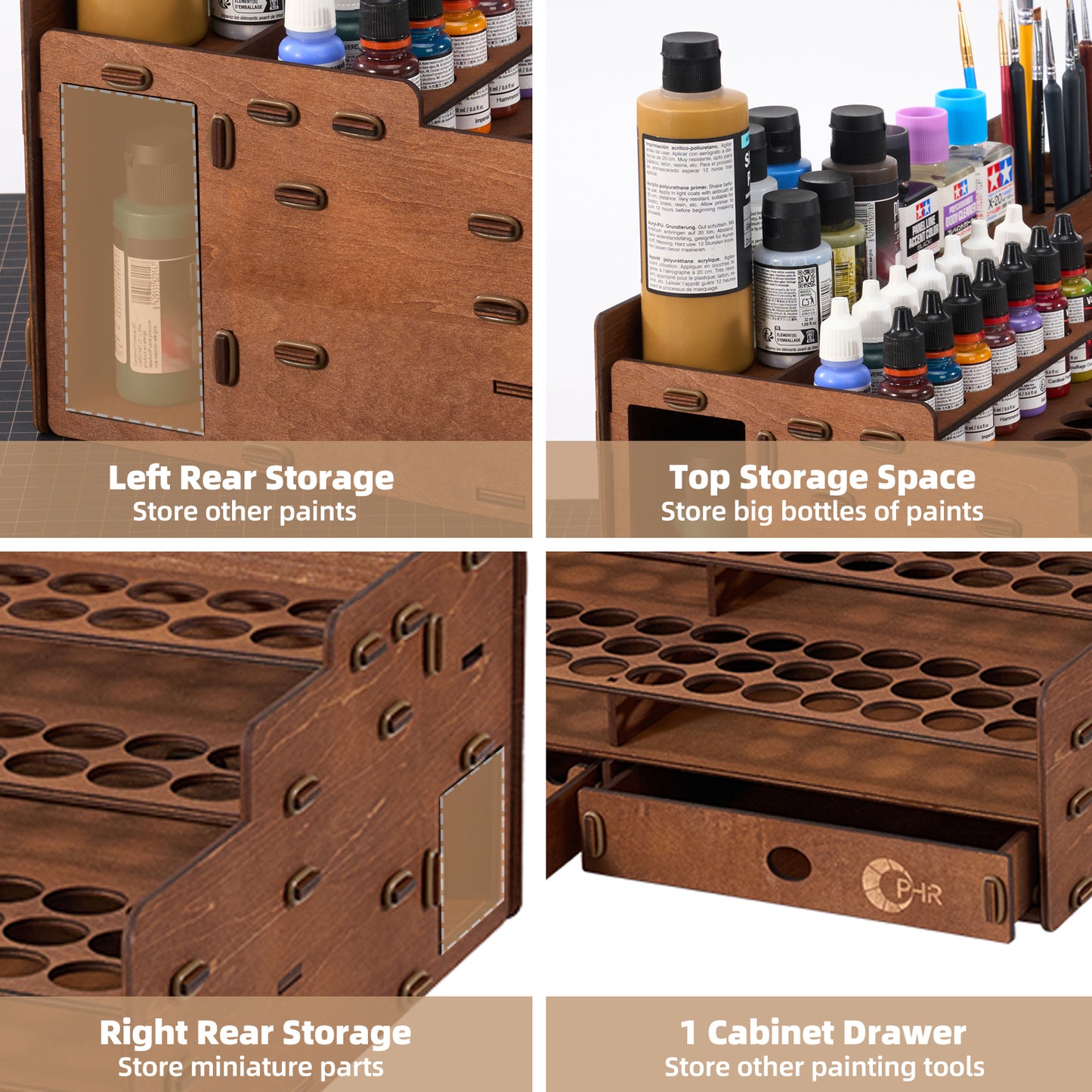 Wooden Paint Storage Organizer with 98 Holes Dia.1.02 Inches for AV Paint Miniature Paints Set, Includes Painting Brush Holder with 24 Slots, 1 Drawer, 25 Paintbrush Holes