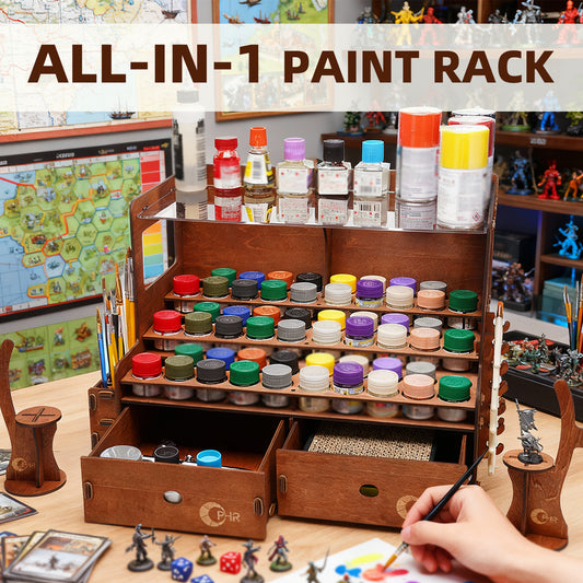 Professional Paint Organizer for Citadel GW Paints, Wooden Paint Holder for 60 Bottles and 32 Brushes, 2 Miniature Painting Handles, 2 Drawers for Model Paints Bottle