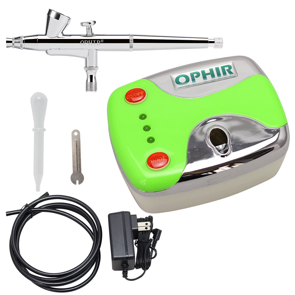 OPHIR Portable Nail Spray Gun Tool Green 12V DC 0.2mm Dual-Action Airbrush Kit Compressor for Makeup Model Temporary Tattoo Panit