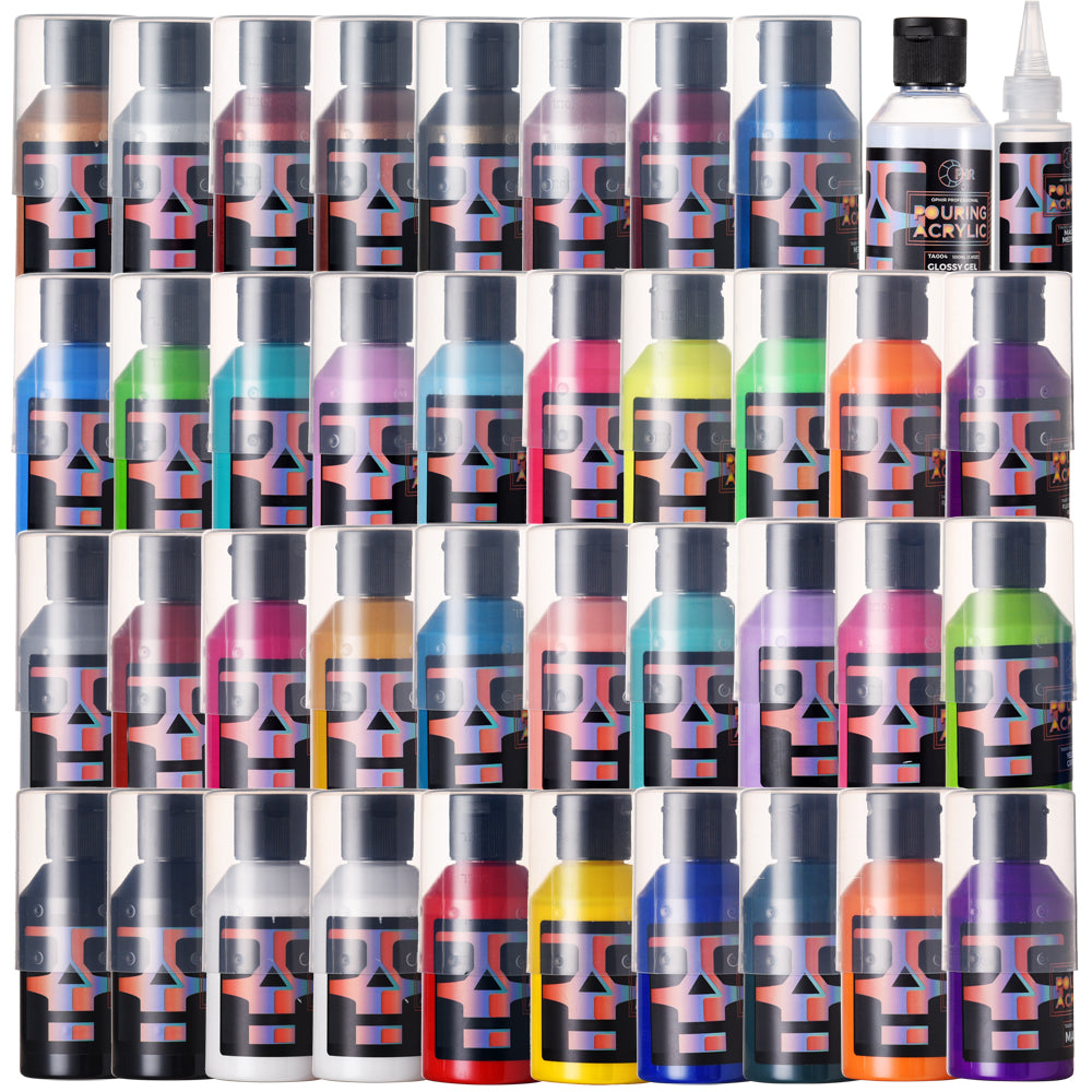 OPHIR 36 Colors Professional Acrylic Pouring Paint Set, 40 Bottles Set, High Flow Acrylic Paint for Canvas, Wood, Glass, Paper, Tile, Stones 3.8OZ/Bottles