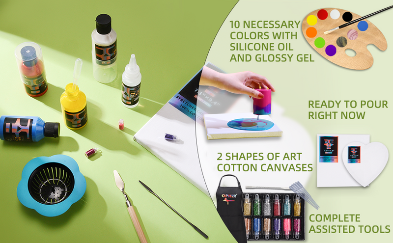 OPHIR Acrylic Pouring Paint Set 10 Colors (3.8OZ/Bottle) with Pouring Medium, 8x Paint Cotton Canvases, 12x Glitter Powder, 2x Tableclothes & Apron, 20x Gloves, High Flow Pouring Paint Supplies Tools Kit