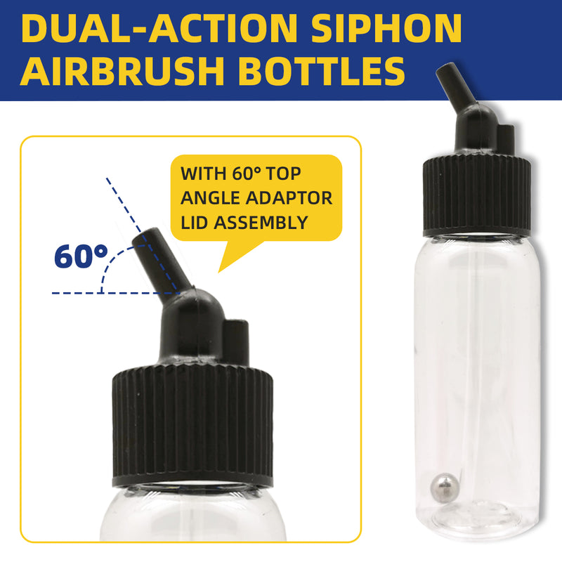 OPHIR 10X Dual-Action Siphon Bottle with Rubber Caps & Stainless Steel Balls Plastic Bottle Jars for Most of Down-Pot Airbrushes