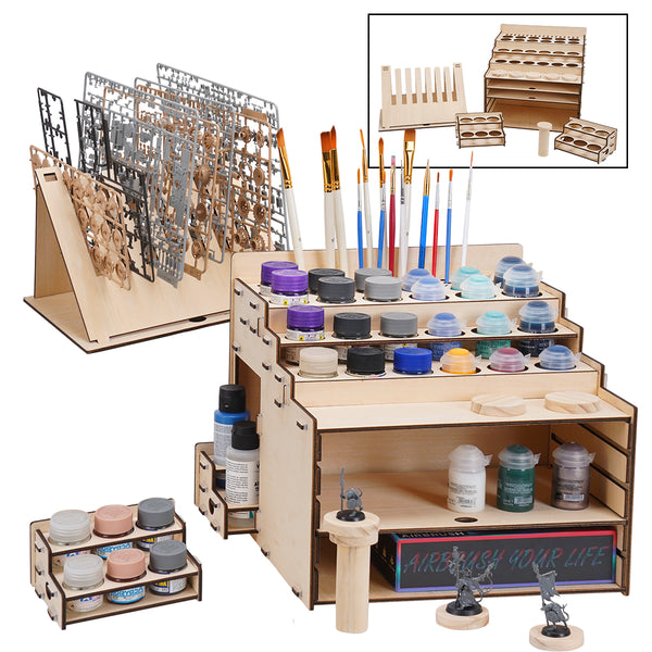 OPHIR Wooden Paint Organizer, Miniature Paint Rack with 36 Holes of Citadel Paints and 36 Holes of Paint Brushes, A Model Pieces Shelf for Gundam Model, Multi Layer Adjustable Large Storage Space