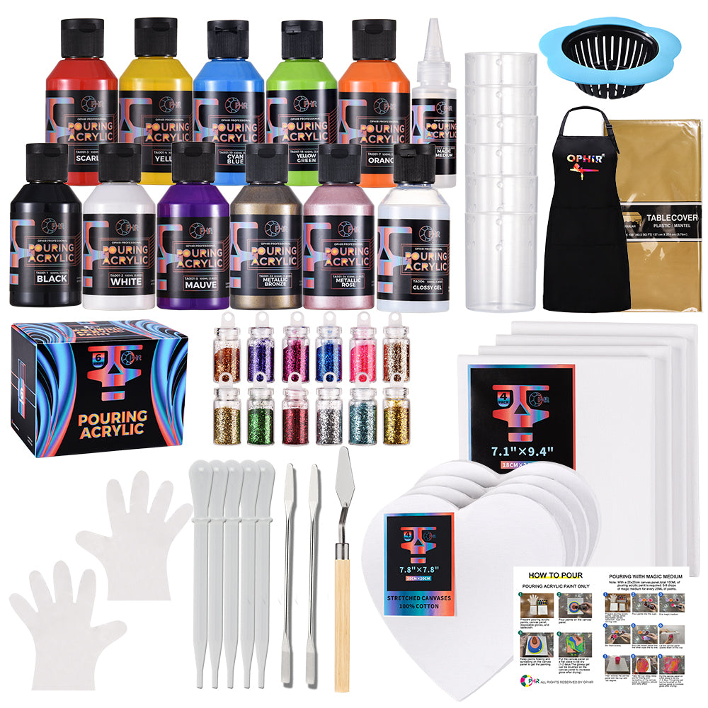 OPHIR Acrylic Pouring Paint Set 10 Colors (3.8OZ/Bottle) with Pouring Medium, 8x Paint Cotton Canvases, 12x Glitter Powder, 2x Tableclothes & Apron, 20x Gloves, High Flow Pouring Paint Supplies Tools Kit