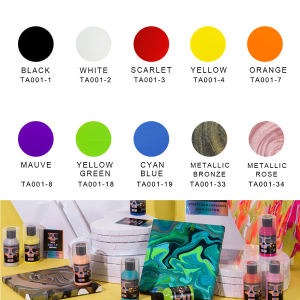 OPHIR Acrylic Pouring Paint Set 10 Colors (3.8OZ/Bottle) with Pouring Medium, 8x Paint Cotton Canvases, 12x Glitter Powder, 2x Tableclothes & Apron, 20x Gloves, High Flow Pouring Paint Supplies Tools Kit