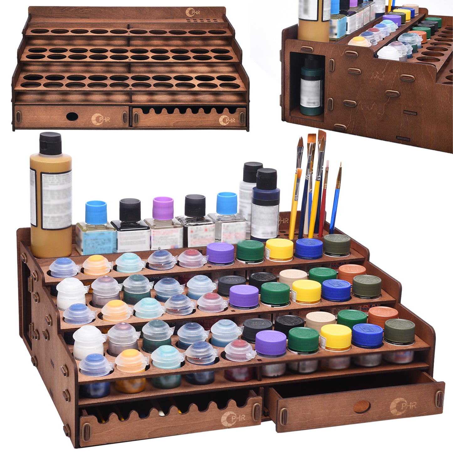 Paint Holder for Citadel, Tamiya Paints, Wooden Paint Rack with 50 Holes Dia.1.42 Inches, Includes Painting Brush Holder with 24 Slots, 1 Drawer, 25 Brush Holes