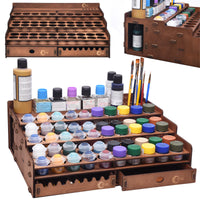 Paint Holder for Citadel, Tamiya Paints, Wooden Paint Rack with 50 Holes Dia.1.42 Inches, Includes Painting Brush Holder with 24 Slots, 1 Drawer, 25 Brush Holes