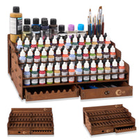 Wooden Paint Storage Organizer with 98 Holes Dia.1.02 Inches for AV Paint Miniature Paints Set, Includes Painting Brush Holder with 24 Slots, 1 Drawer, 25 Paintbrush Holes