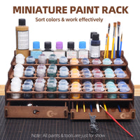 Paint Holder for Citadel, Tamiya Paints, Wooden Paint Rack with 50 Holes Dia.1.42 Inches, Includes Painting Brush Holder with 24 Slots, 1 Drawer, 25 Brush Holes