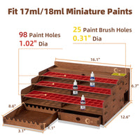 Wooden Paint Storage Organizer with 98 Holes Dia.1.02 Inches for AV Paint Miniature Paints Set, Includes Painting Brush Holder with 24 Slots, 1 Drawer, 25 Paintbrush Holes