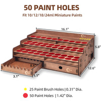 Paint Holder for Citadel, Tamiya Paints, Wooden Paint Rack with 50 Holes Dia.1.42 Inches, Includes Painting Brush Holder with 24 Slots, 1 Drawer, 25 Brush Holes