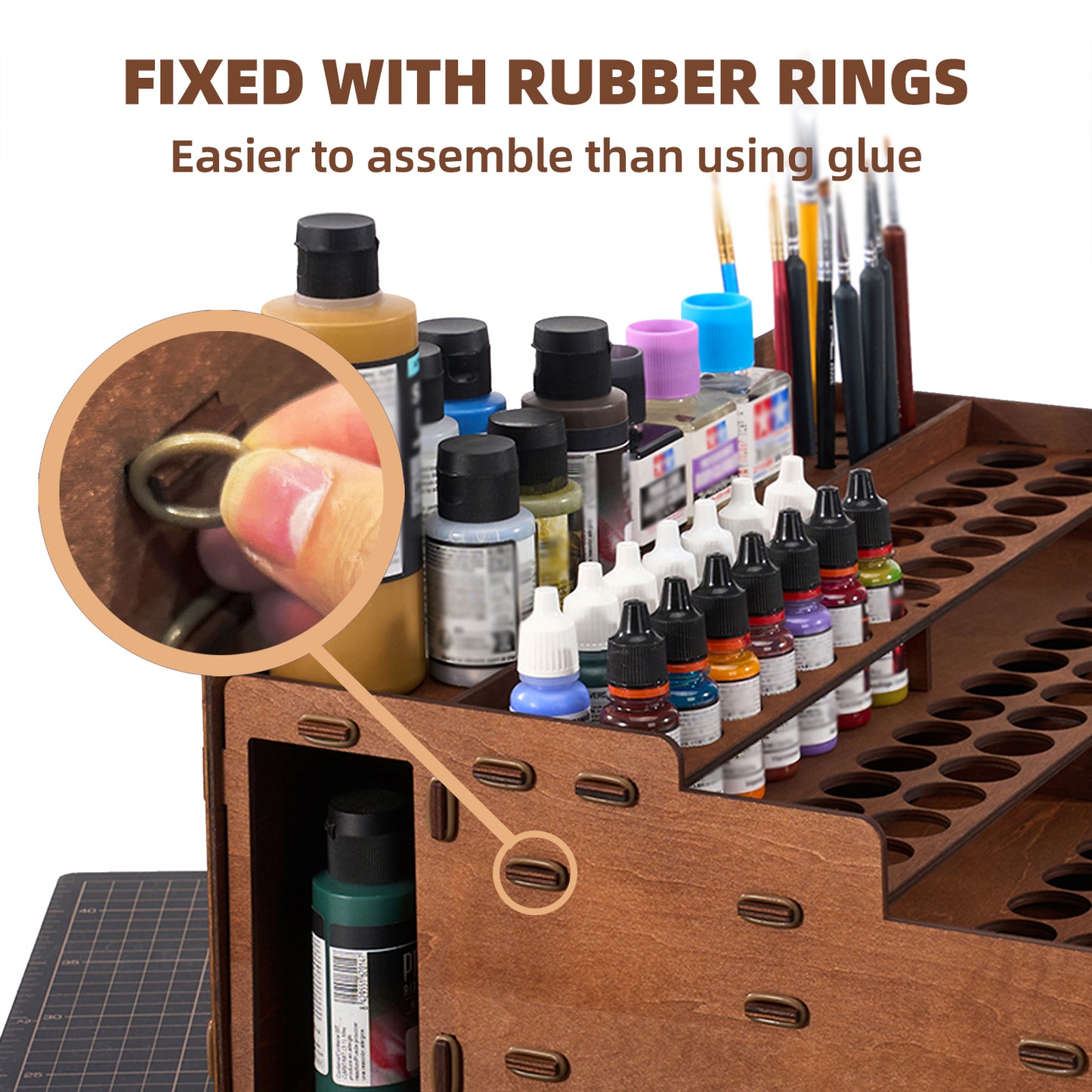 Wooden Paint Storage Organizer with 98 Holes Dia.1.02 Inches for AV Paint Miniature Paints Set, Includes Painting Brush Holder with 24 Slots, 1 Drawer, 25 Paintbrush Holes