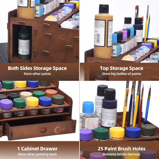 Paint Holder for Citadel, Tamiya Paints, Wooden Paint Rack with 50 Holes Dia.1.42 Inches, Includes Painting Brush Holder with 24 Slots, 1 Drawer, 25 Brush Holes