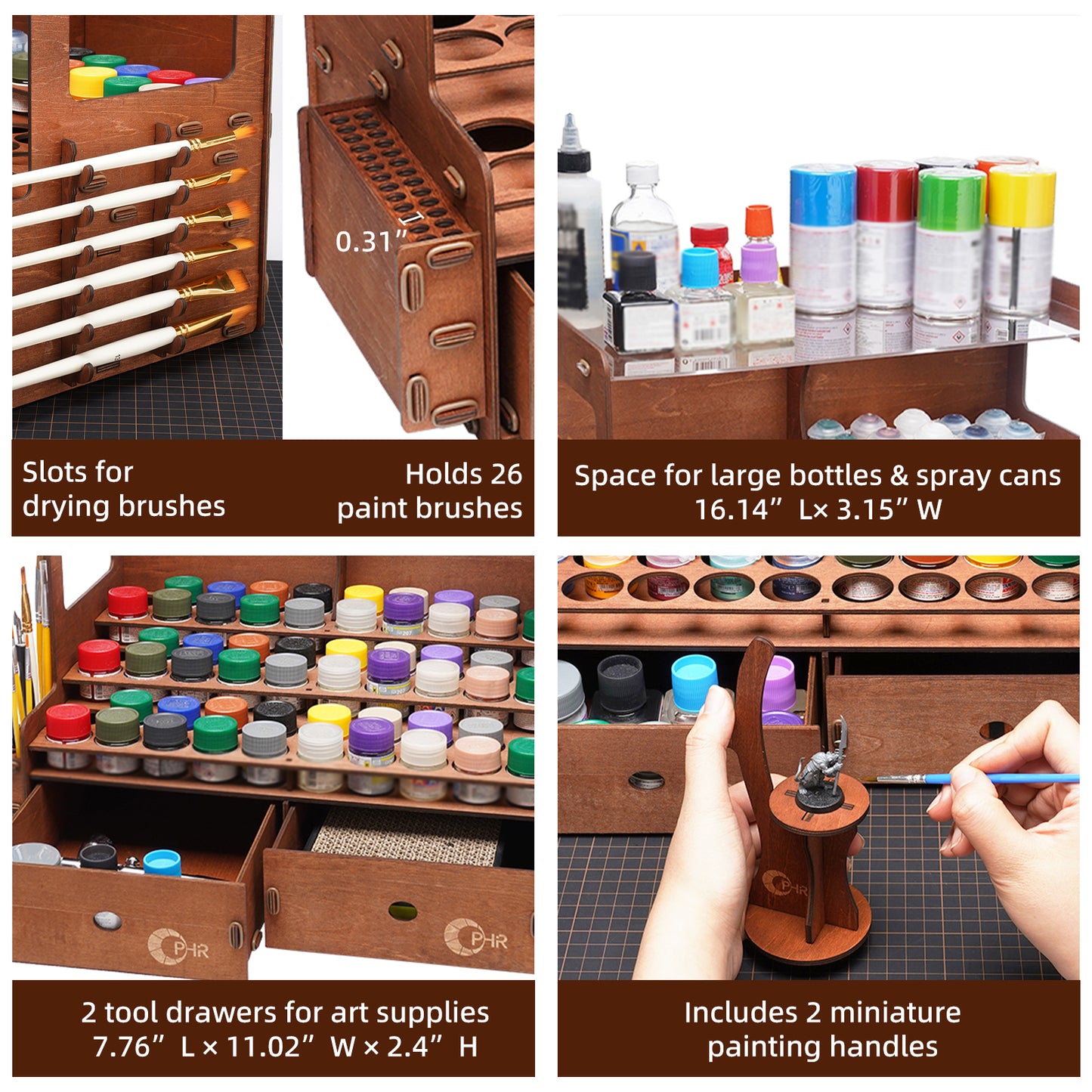 Professional Paint Organizer for Citadel GW Paints, Wooden Paint Holder for 60 Bottles and 32 Brushes, 2 Miniature Painting Handles, 2 Drawers for Model Paints Bottle