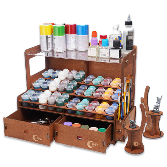 Professional Paint Organizer for Citadel GW Paints, Wooden Paint Holder for 60 Bottles and 32 Brushes, 2 Miniature Painting Handles, 2 Drawers for Model Paints Bottle