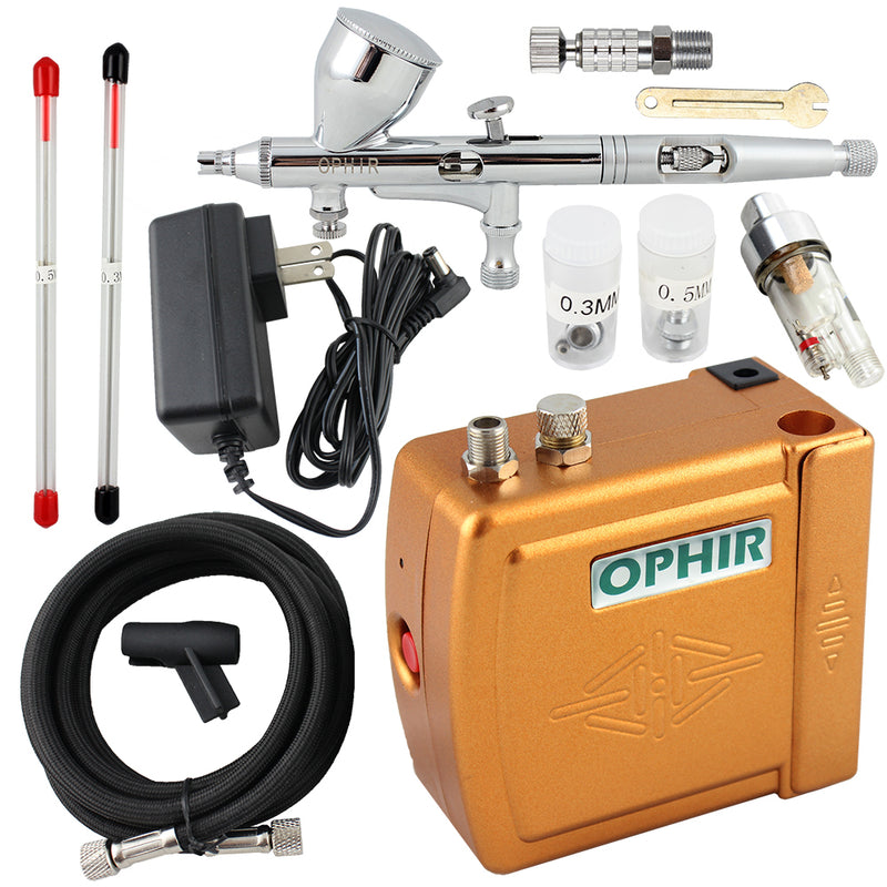 OPHIR 100V-240V Mini Air Airbrush Compressor Kit 3 Tips Dual-Action Airbrush for Model Crafts Painting Cake Decoration