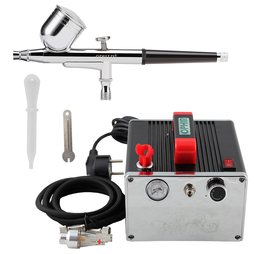 OPHIR 0.3mm Dual-Action Airbrush Kit with Air Compressor Air Pressure Gauge  Filter for Nail