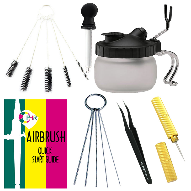 OPHIR Airbrush Cleaning Tool Kit Cleaning Pot, Barrel, Airbrush Cleaning Brush, Needle, Tweezers and Glass Dropper