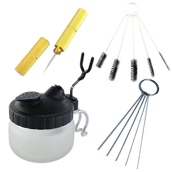 OPHIR Airbrush Cleaning Tool Kit Cleaning Pot, Barrel, Airbrush Cleaning Brush, Needle, Tweezers and Glass Dropper