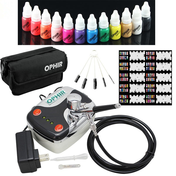 OPHIR Professional 0.3mm Airbrush Body Painting Art Painting Kit for Nail Art Airbrushing with 12 Colour Ink 10ml/Bottle 20x Template