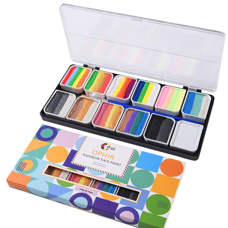 OPHIR Rainbow Face Painting Kit for Kids, Body Art Paint Palette with 2 Brushes Includes Matt, Pearly, Neon Colors 144g