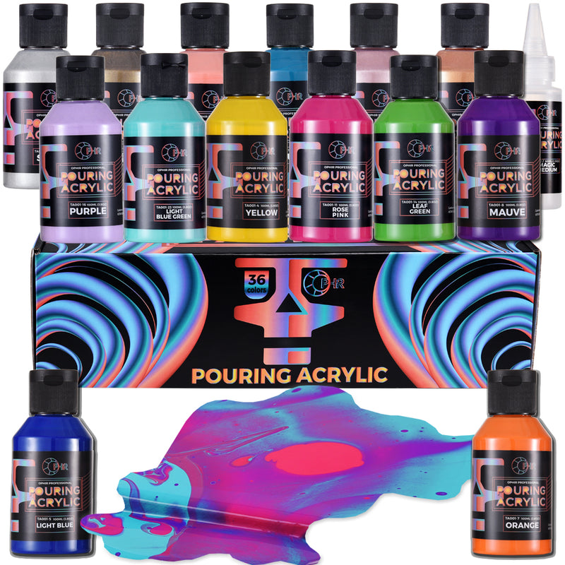 OPHIR 36 Colors Professional Acrylic Pouring Paint Set, 40 Bottles Set, High Flow Acrylic Paint for Canvas, Wood, Glass, Paper, Tile, Stones 3.8OZ/Bottles